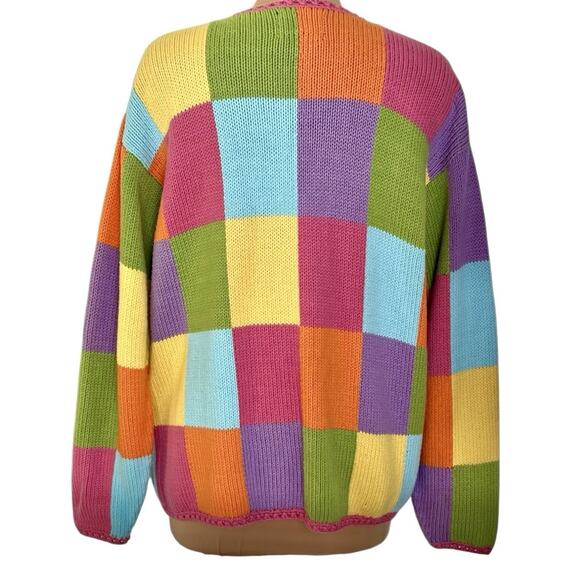 Rey Wear Colorblock Cardigan Sweater Womens XL Hand Knit Bolivia Cotton Buttons - Picture 2 of 11